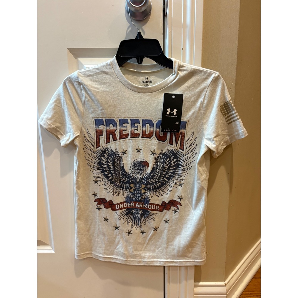 Under Armour Freedom Military Boys Graphic Tee Shirt Cream Eagle YMD Medium New